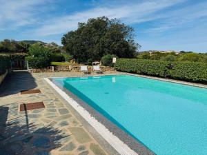 a large swimming pool in a yard with bushes at Trilo La Rosa in Monte Petrosu