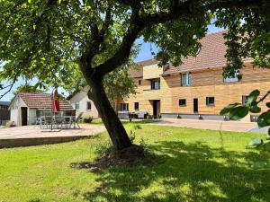 a tree in the grass in front of a building at Lot54 Holiday Homes in Feuerscheid