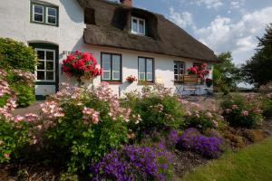 a white house with flowers in front of it at Ferienwohnungen Appelhus in Pellworm
