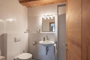 a bathroom with a sink and a toilet and a mirror at Schrotthof in Feldthurns