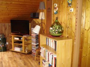 a living room with a tv and a book shelf with books at Le Gite Fleuri in Hazelbourg
