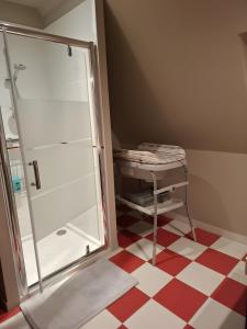 a bathroom with a shower and a tiled floor at Chambre D'hôte - La Capucine in Bazouges +25 photos
