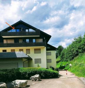 a house with a roof with a red arrow on it at Ferienwohnung Waldkäuzle in Lenzkirch