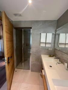 a bathroom with a shower and a sink at Chalet Imbosc'chè 5 rooms Bnb in Livigno +56 photos
