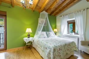 a bedroom with green walls and a bed with a canopy at Casa Lindelagua in Pámanes