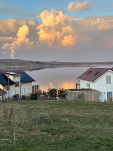 a group of houses with a lake in the background at Ferienwohnung Mücheln in Mücheln