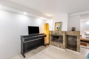 a living room with a fireplace and a television at Living the Green in Friedrichsdorf
