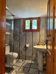 a bathroom with a shower and a toilet and a sink at Divas Gartenhaus in Vasilítsion +30 photos