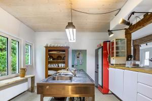 a kitchen with a sink and a red refrigerator at Sand 68 in Steinau an der Straße