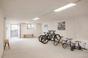a group of bikes parked on a wall in a room at New - Penthouse Zirm Untermairhof in Selva dei Molini