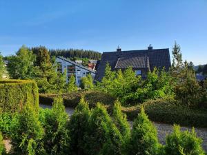 a garden with trees and houses in the background at Schwarzwaldblick C App 2 mit Pool in Schönwald