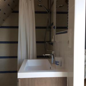 a bathroom with a white sink and a shower at La Maison Leontine in Cahus +6 photos