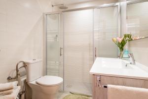 a bathroom with a shower and a toilet and a sink at Delta 3 in Sóller +17 photos