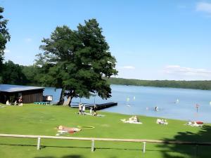 a group of people laying on the grass near a lake at Ferienwohnung Max und Moritz in Mirow