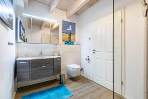 a bathroom with a sink and a toilet and a shower at Ferienwohnung Hof Krakebüll in Humptrup +27 photos