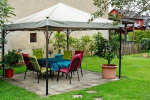 a table and chairs under a tent in a yard at Ferienwohnung Walter in Ringsheim