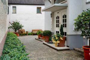 a courtyard of a house with potted plants at Ferienwohnung Walter in Ringsheim
