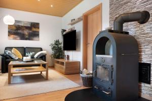 a living room with a wood stove in a room at Ferienhaus Thomas in Colnrade