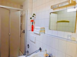 a bathroom with a shower and a sink and a mirror at Gästehaus Bettina in Sipplingen +72 photos