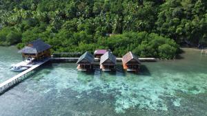 an aerial view of a resort in the water at Mantastic Scuba and Lodge in Pulau Mansuar