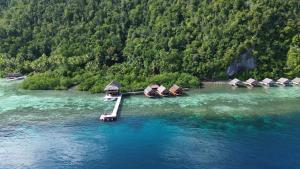 an aerial view of a resort in the water at Mantastic Scuba and Lodge in Pulau Mansuar