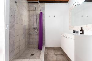 a bathroom with a shower with a purple shower curtain at Apartamento Timón in Mijas +17 photos