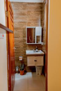 a bathroom with a sink and a mirror at Rhovee Homes in Moshi +76 photos