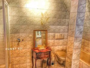 a bathroom with a sink and a toilet and a mirror at Wohnung 2 in Burghaslach