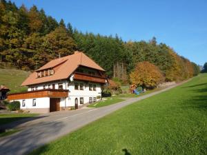 a white house with a brown roof on a road at Ferienwohnung Moog in Steinach