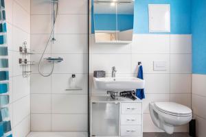 a bathroom with a toilet sink and a shower at Landglück in Hohenmocker +18 photos