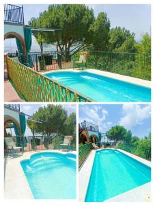 a collage of three pictures of a swimming pool at Sombrero Cordobé in Córdoba
