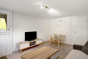 a living room with a tv and a table at Fewo Schober in Kirchhundem