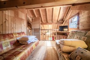 a living room with a couch and a tv at Chalet 6p Confort - Le Morlay in Verchaix
