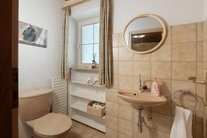 a bathroom with a toilet and a sink and a mirror at Donau-One in Beuron +28 photos
