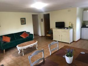 a living room with a green couch and a table at Gite Le Lot in Bias