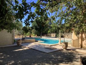 a swimming pool in a yard with two large pots at Mas Les Coutilles in Cabrières-dʼAvignon