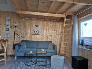a living room with a blue couch and a wooden wall at Ferienhaus am Rheinpark in Kamp-Bornhofen