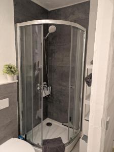a shower with a glass door in a bathroom at Ferienhaus am Rheinpark in Kamp-Bornhofen +16 photos
