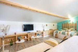 a living room with a bed and a tv at Studio proche Marais Poitevin in Oulmes