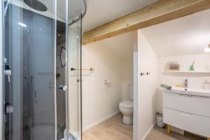 a bathroom with a shower and a toilet at Studio proche Marais Poitevin in Oulmes +17 photos