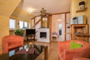 a living room with two chairs and a fireplace at Ferienwohnung Tasoli in Lindau