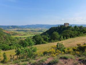a hill with a tower on top of a field at Appartement Authentique Montaigut in Gissac