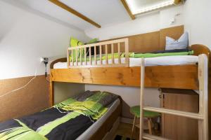 two bunk beds in a small room with green at Ferienhaus am Wald mit Südblick in Steina