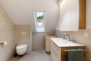 a small bathroom with a toilet and a sink at Ferienwohnung Burgblick in Biberach +19 photos