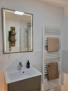 a bathroom with a sink and a mirror at Dreimäderlhof Ferienhaus in Karlstetten