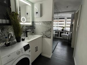 a bathroom with a sink and a washing machine at Kalles Tochter in Melsungen +17 photos