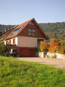 a house with a garage with a hill in the background at Gîtes du Taennchel in Thannenkirch