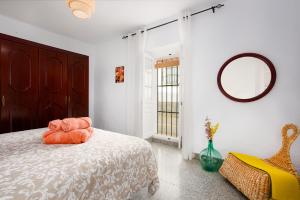 a bedroom with a bed with a mirror and a chair at La Casa De Eva in Gaucín