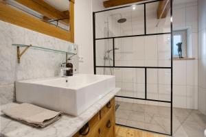 a bathroom with a sink and a glass shower at Peene Hus in Hohen Demzin +19 photos