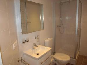a bathroom with a toilet and a sink and a shower at Ferienwohnung Mengelberg in Markkleeberg +12 photos
